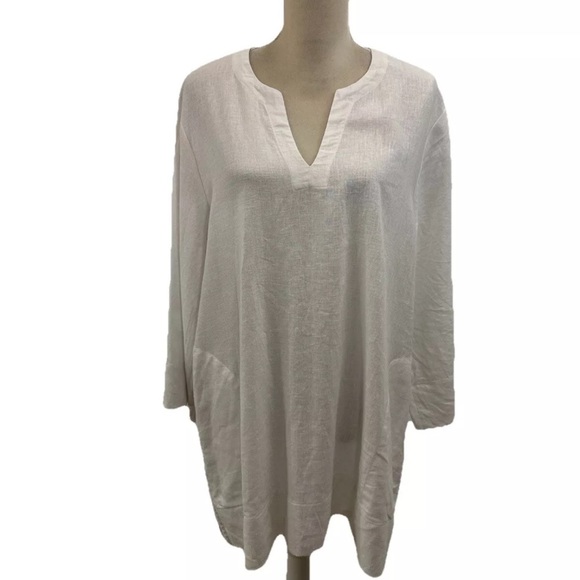 Lands End Women’s White Linen Beach Tunic V Neck Long Sleeve Pockets Mint Cond. - Picture 1 of 9